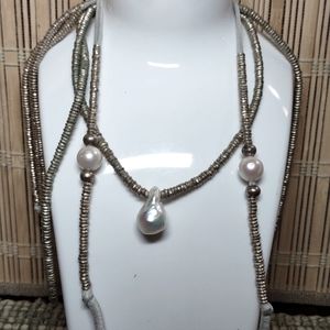 Very Long Pyrite Beaded Lariat Necklace with Baroque Pearl